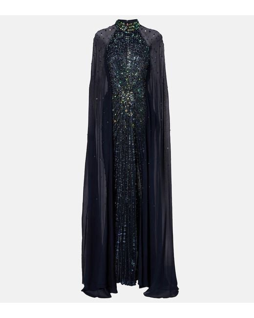 Jenny Packham Blue Thea Caped Sequined Gown