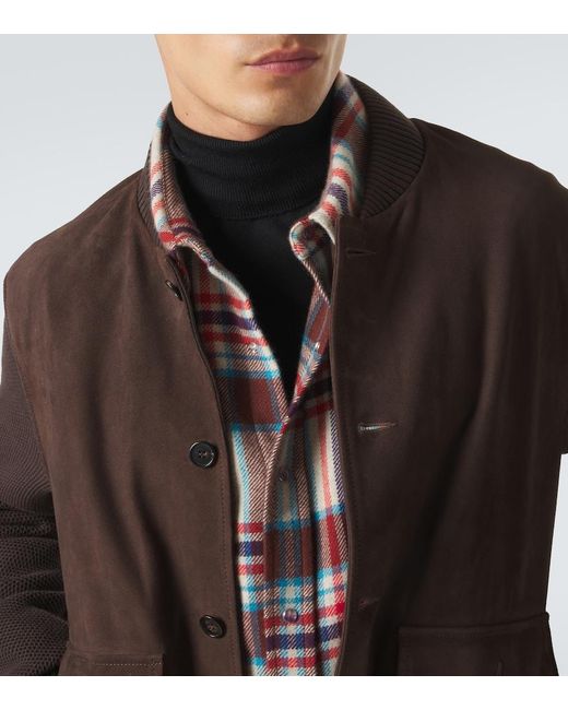 Slowear Brown Cotton-Trimmed Suede Bomber Jacket for men