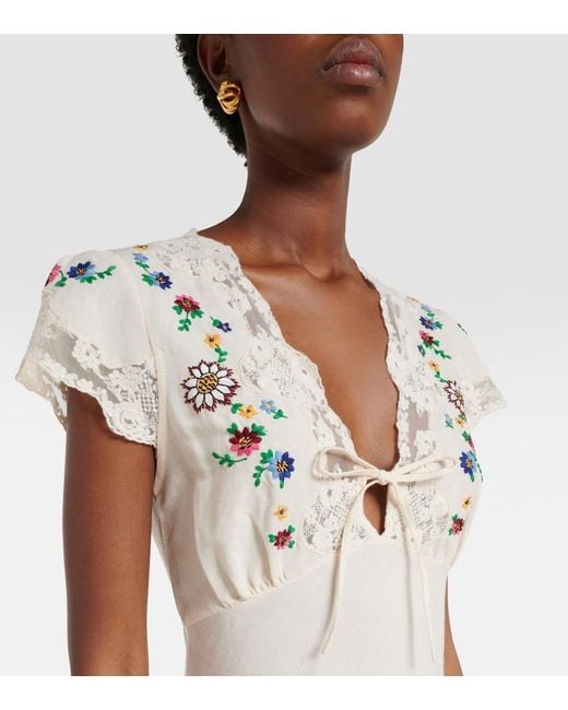 Rixo White Amari Embroidered Linen-Blend Midi Dress