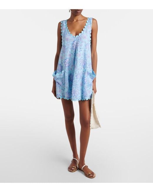 Juliet Dunn Blue Floral Scalloped Cotton Minidress