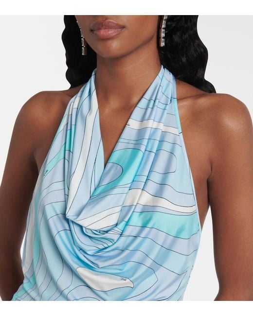 Emilio Pucci Blue Marmo Halterneck Satin Jersey Maxi Dress