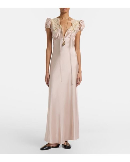 Chloé Pink Lace-Trimmed Silk Satin Maxi Dress