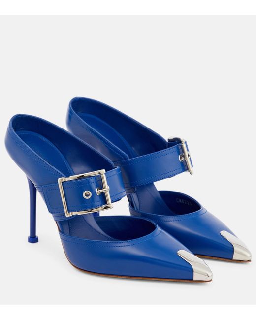 Alexander McQueen Blue Punk Buckled Leather Mules