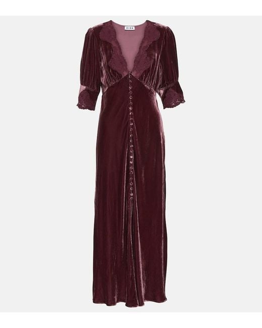 Rixo Purple Lace-Trimmed Velvet Midi Dress