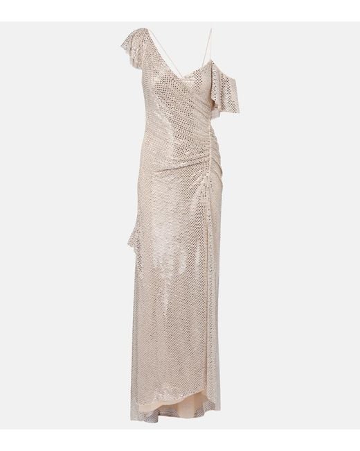 Self-Portrait White Draped Rhinestone-Embellished Maxi Dress