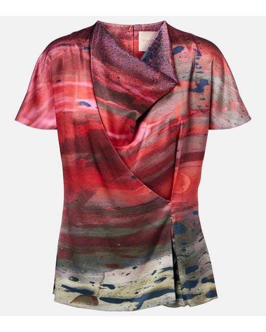 Roksanda Red Printed Draped Silk Satin Top