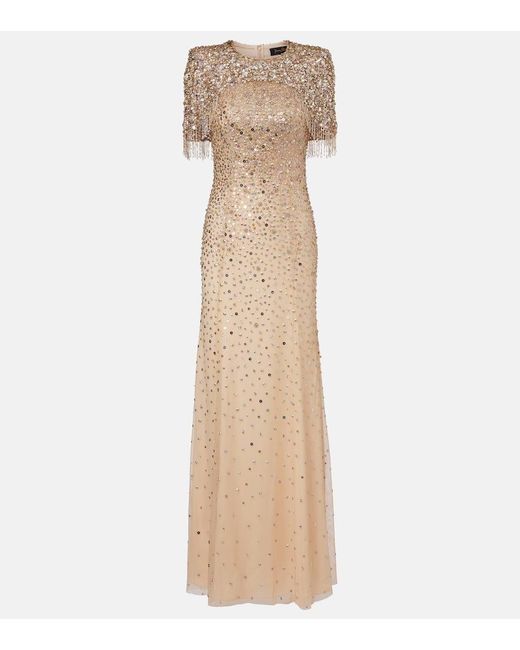 Jenny Packham Natural Esna Embellished Caped Gown