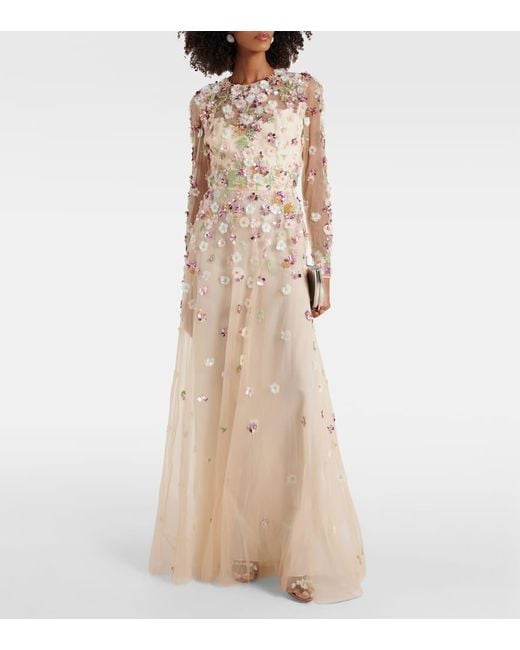 Vestido de fiesta floral bordado Elie Saab de color Natural