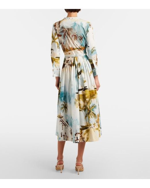 Oscar de la Renta White Pleated Printed Cotton-Blend Cocktail Dress