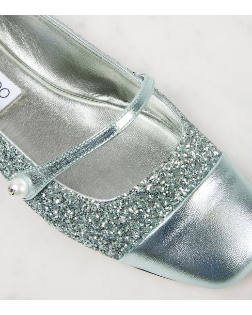 Jimmy Choo Gray Elisa Leather-Trimmed Glitter Ballet Flats