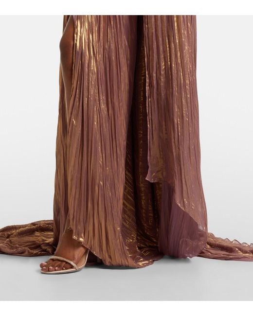 Marmar Halim Brown Caped Pleated Bustier Gown