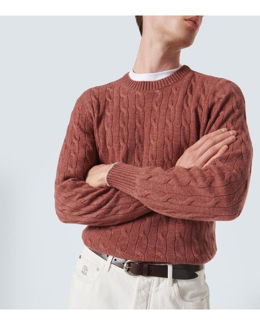 Brunello Cucinelli Red Cable-Knit Cashmere Sweater for men