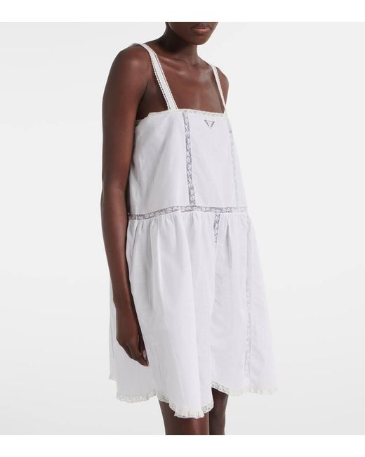 Prada Lace-Trimmed Cotton And Linen Minidress in White | Lyst Prada Lace-Trimmed Cotton And Linen Minidress in White | Lyst