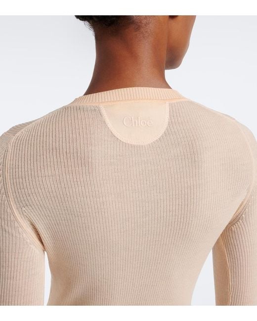Chloé Natural Ribbed-Knit Silk-Trimmed Wool Henley Shirt