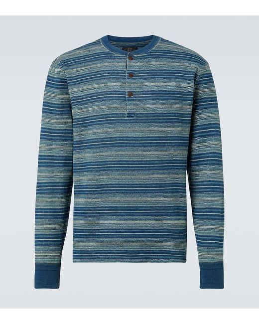 RRL Blue Cotton Jacquard Henley Shirt for men