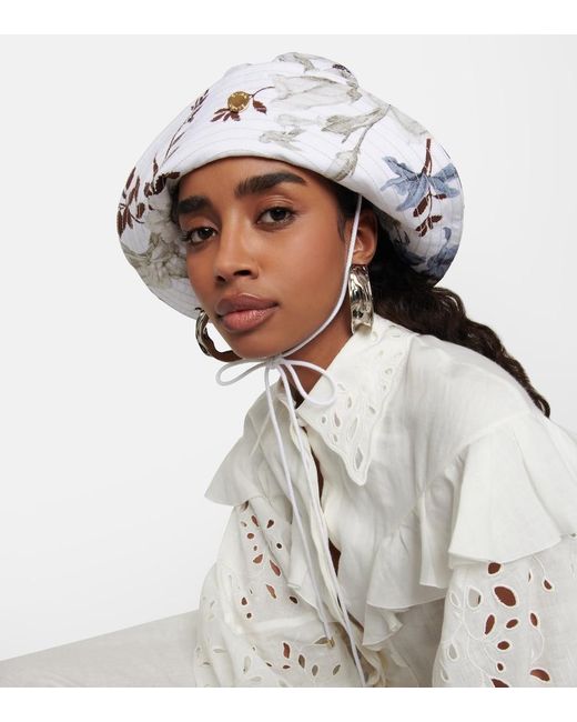 Erdem White Floral Linen-blend Bucket Hat