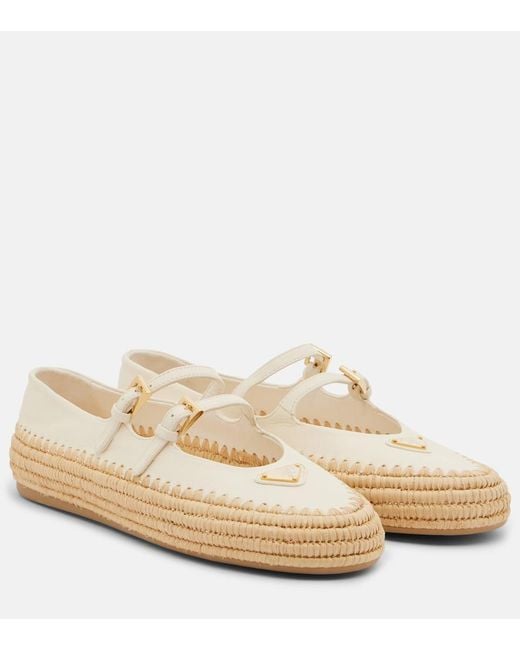 Prada Natural Leather And Raffia Mary Jane Flats