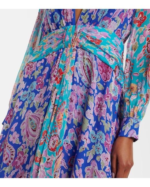 Rixo Blue Meera Floral Gathered Chiffon Maxi Dress