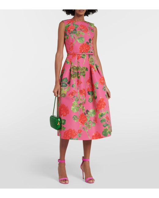 Oscar de la Renta Pink Geranium-print Faille Midi Dress