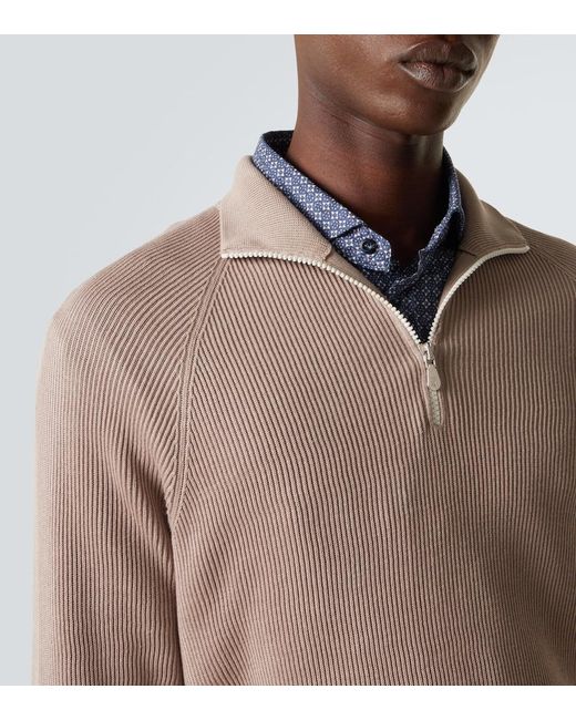 Brunello Cucinelli Brown Cotton Half-Zip Sweater for men