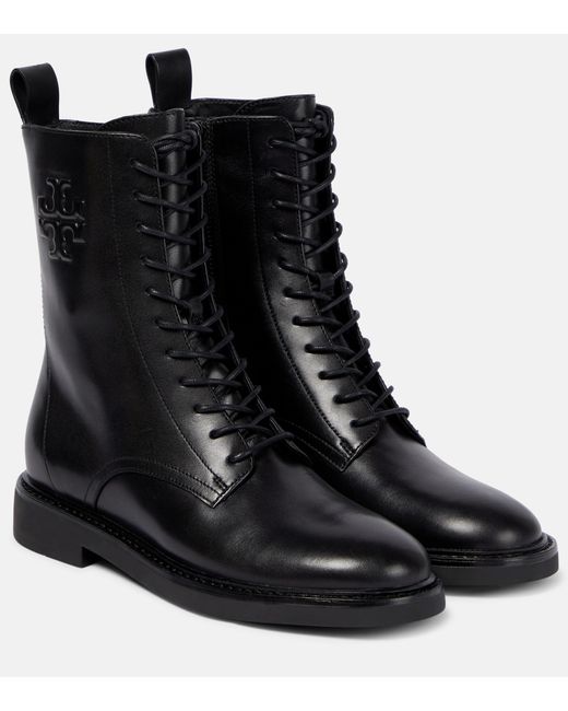 Tory Burch Black Double T Leather Combat Boots