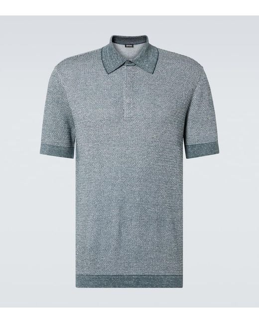Zegna Blue Cotton, Linen, And Silk Polo Shirt for men