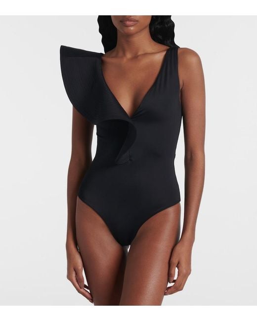 Johanna Ortiz Black Asymmetric Ruffled Swimsuit