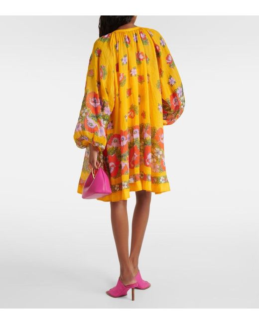 ALÉMAIS Yellow Balloon-Sleeve Floral Minidress