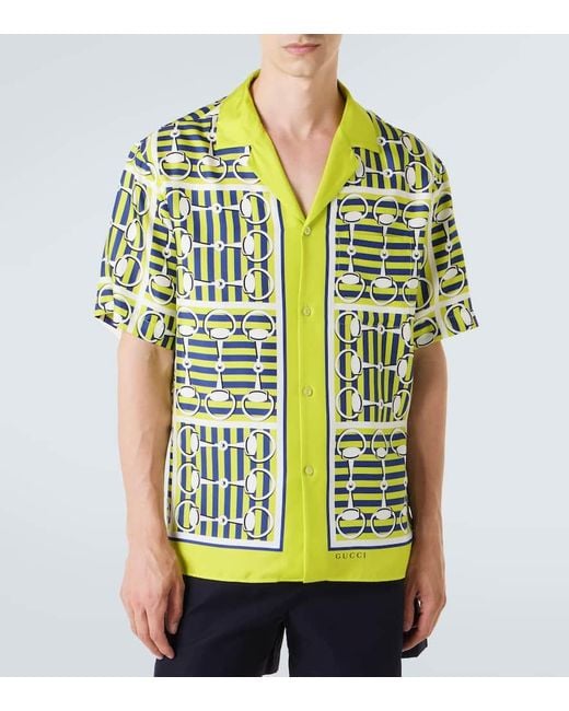 Gucci Green Printed Silk Twill Bowling Shirt for men