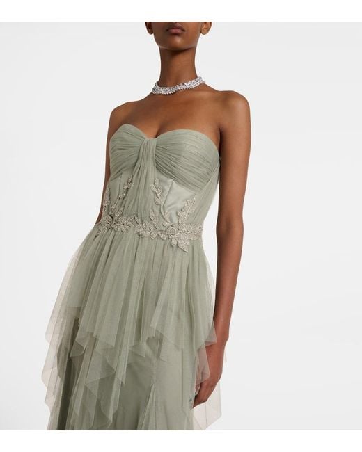 Costarellos Green Embellished Tulle Corset Gown
