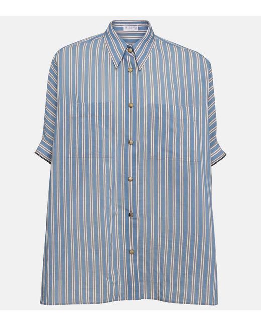Brunello Cucinelli Blue Oversize-Hemd aus Baumwolle und Seide