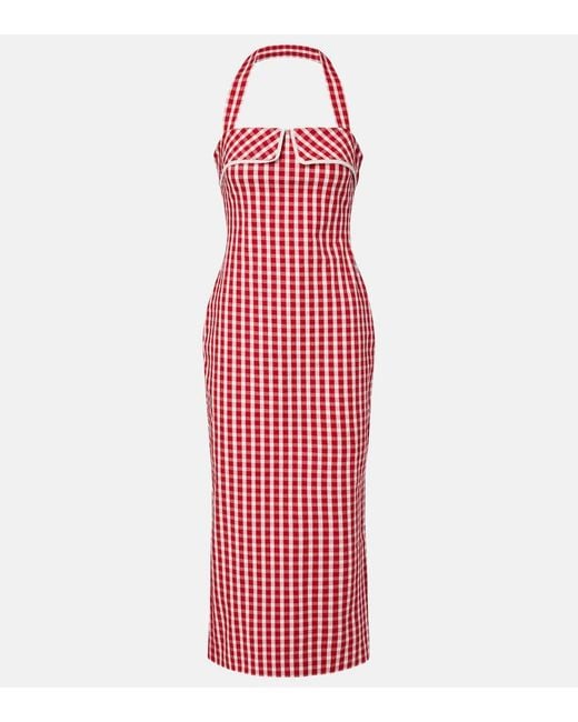 Posse Red Ebony Gingham Lace-Trimmed Cotton-Blend Midi Dress