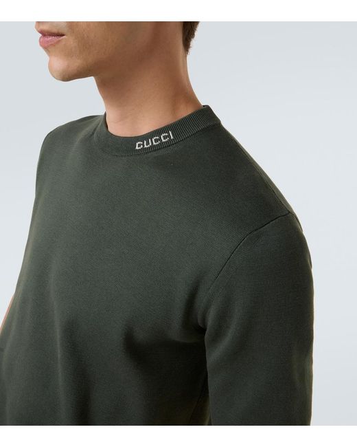 Gucci Green Silk Cotton Knit T-Shirt With Intarsia for men