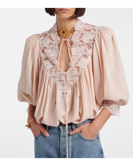 Chloé Natural Lace-Trimmed Silk Crepe De Chine Blouse