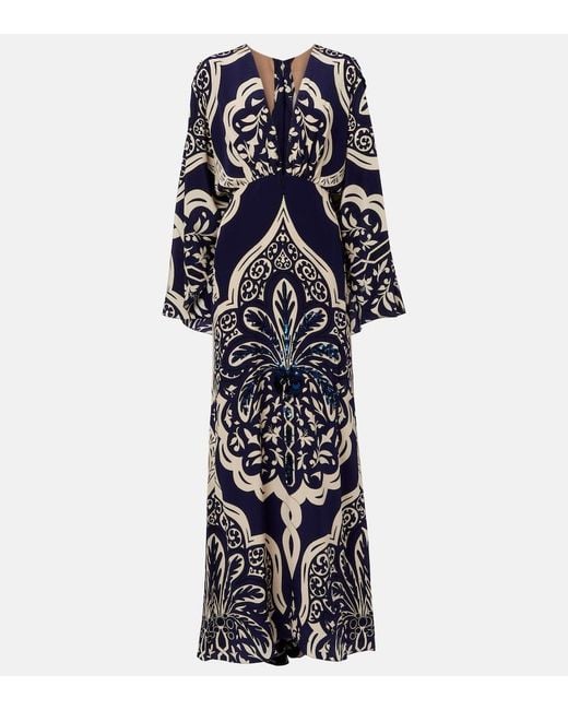 Johanna Ortiz Blue Sequined Printed Silk Maxi Dress