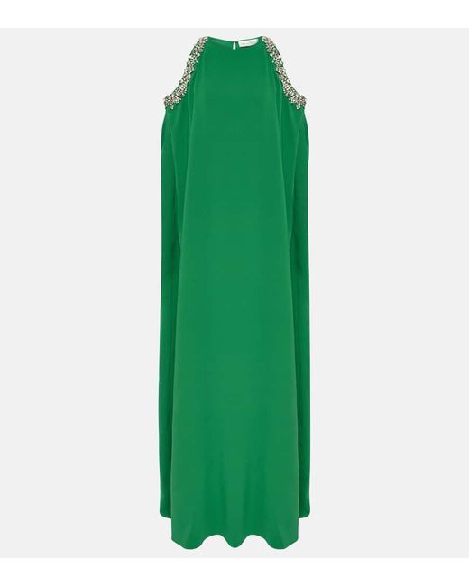 Oscar de la Renta Green Crystal-embellished Silk-blend Gown