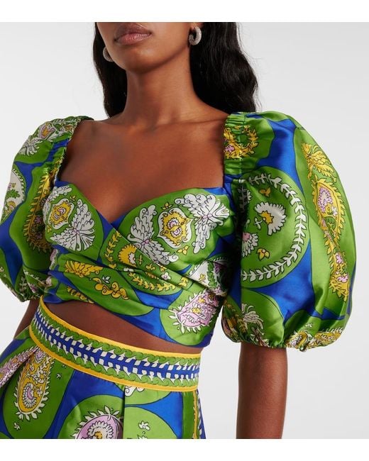 Crop Top Estampado Con Mangas Abullonadas ALÉMAIS de color Green