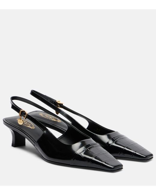 Tod's Black Croc-Effect Patent Leather Slingback Pumps