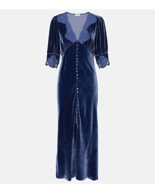 Rixo Blue Simone Lace-Trimmed Velvet Maxi Dress
