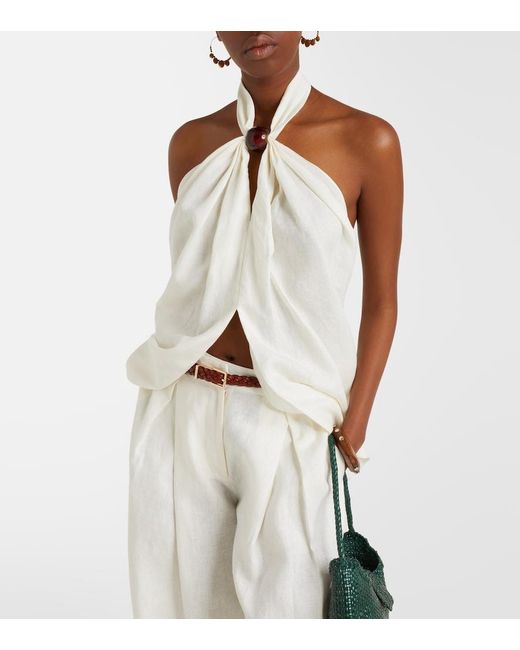 Faithfull The Brand White Biba Halterneck Linen Top