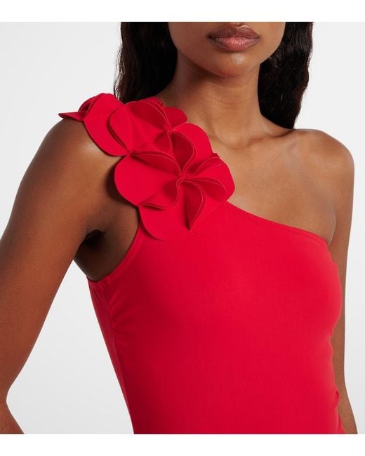 Karla Colletto Red Tess Floral-Applique One-Shoulder Swimsuit