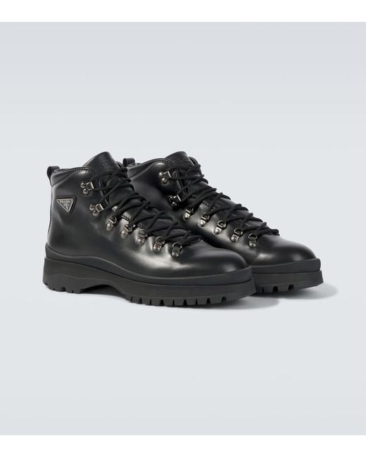 Prada Black Brixxen Leather Lace-Up Boots for men