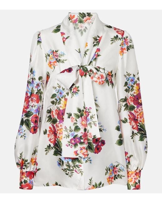 Dolce & Gabbana White Floral Tie-Neck Silk Blouse
