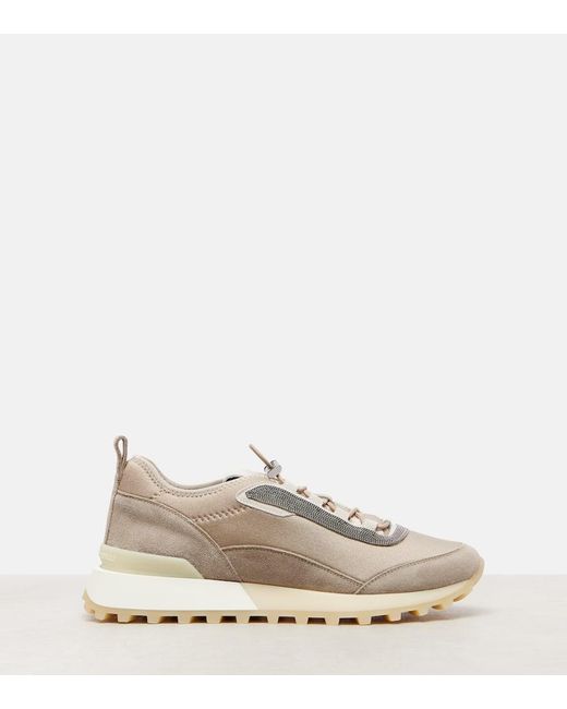 Brunello Cucinelli White Sneakers Runner Aus Veloursleder Und Canvas