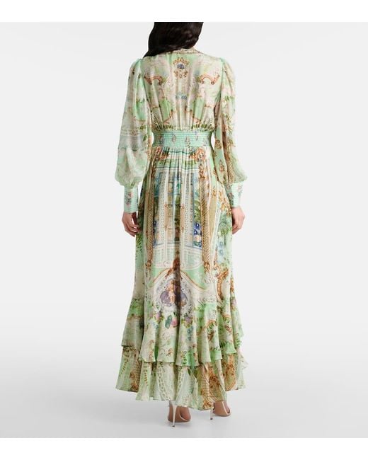 Robe Longue Imprimee En Soie A Cristaux Camilla en coloris Green