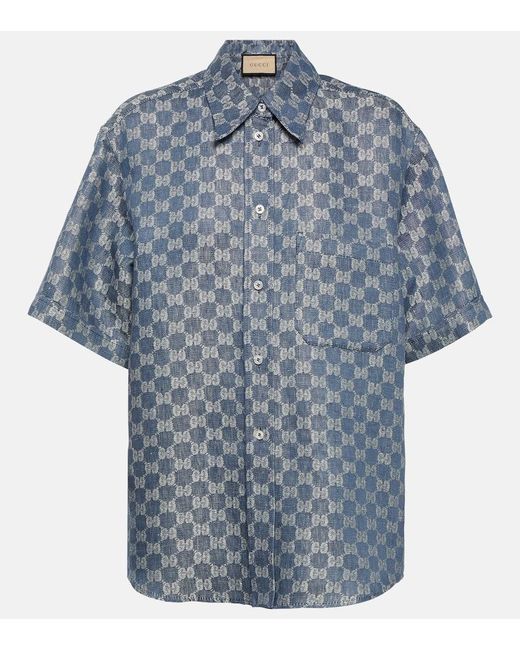Camisa de lino con manga corta Gucci de color Blue