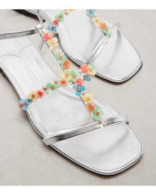 Jimmy Choo White Gwyn Daisy Floral-Applique Leather Sandals