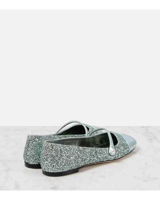 Jimmy Choo Gray Elisa Leather-Trimmed Glitter Ballet Flats