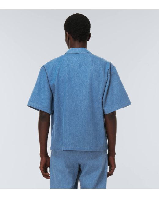 King & Tuckfield Blue Notch-collar Wrap Denim Bowling Shirt for men