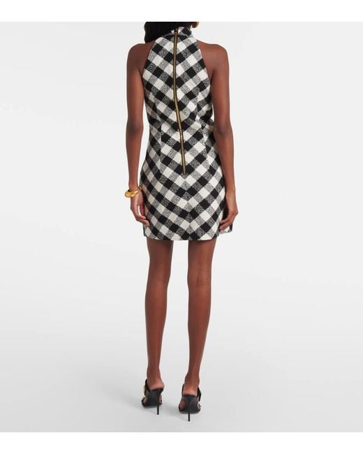 Balmain White Halterneck Cotton-Blend Tweed Minidress